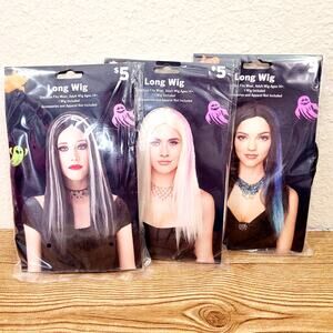 Lot of 3 Halloween Costume Long Wigs Black Blue Blonde Pink Black Silver NOS NIP